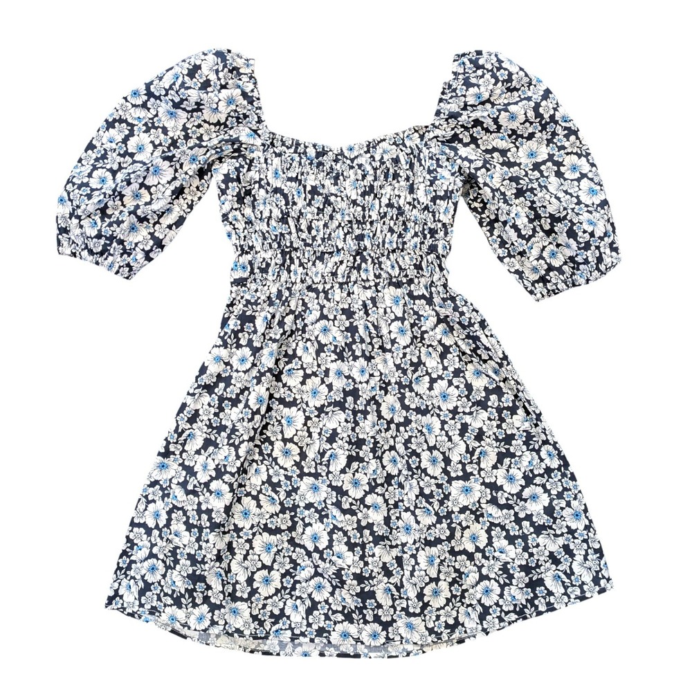 Altar'd State Corlissa Floral Smocked Puff Sleeve Mini Dress‎ Blue White XS